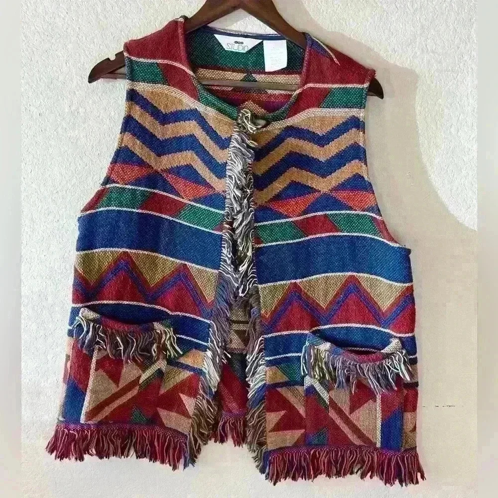 Vtg Women’s Sz M/L 80s Blanket‎ Vest Southwestern Rodeo Boho Tapestry Fringe